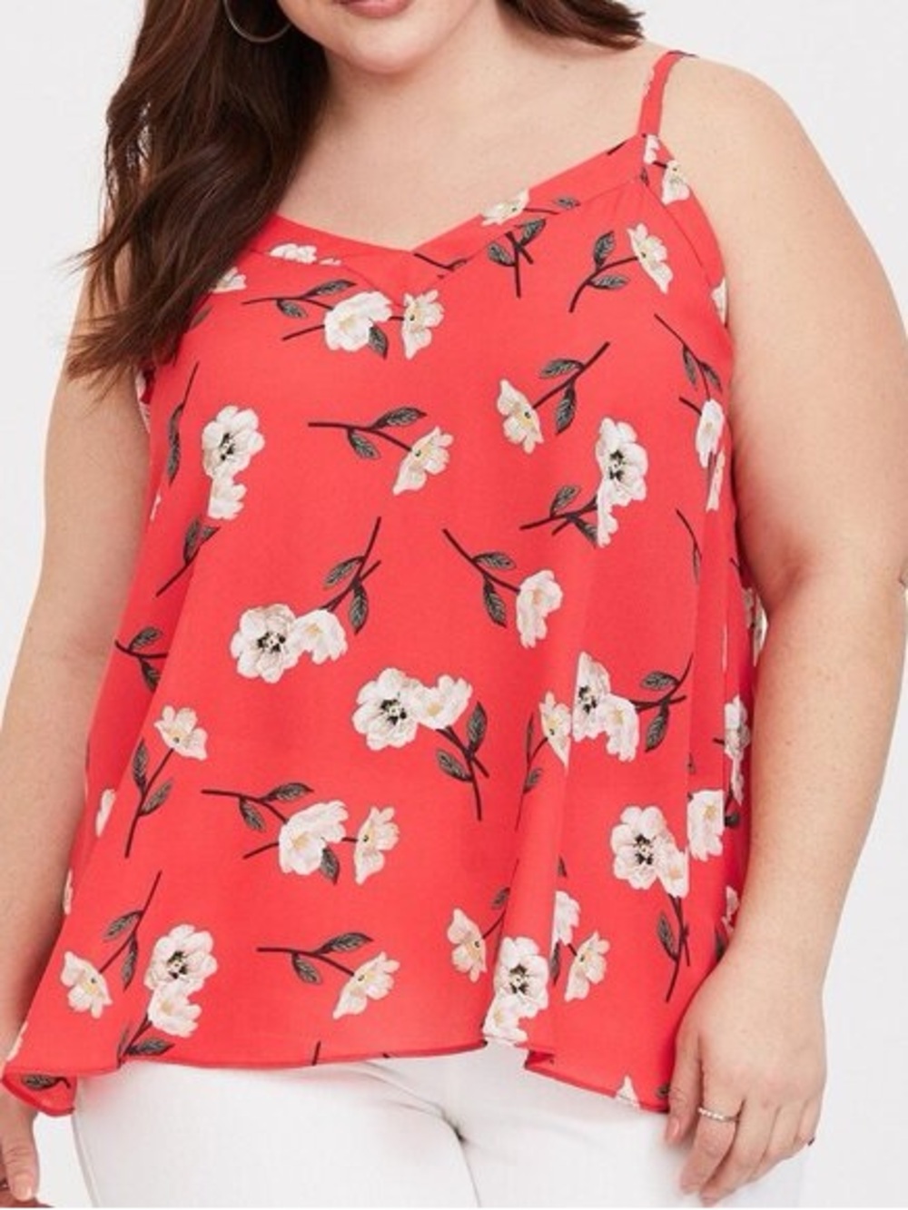 torrid Coral Floral V-Neck Cami with White Blooms